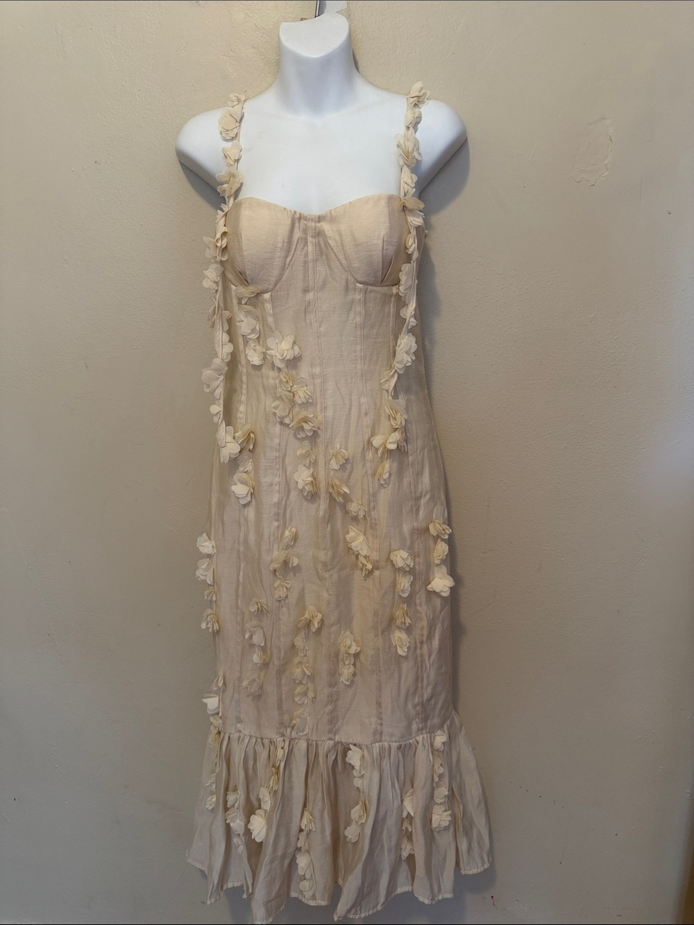 Petal & Pup Strapless Cream Floral-Trim Midi Dress
